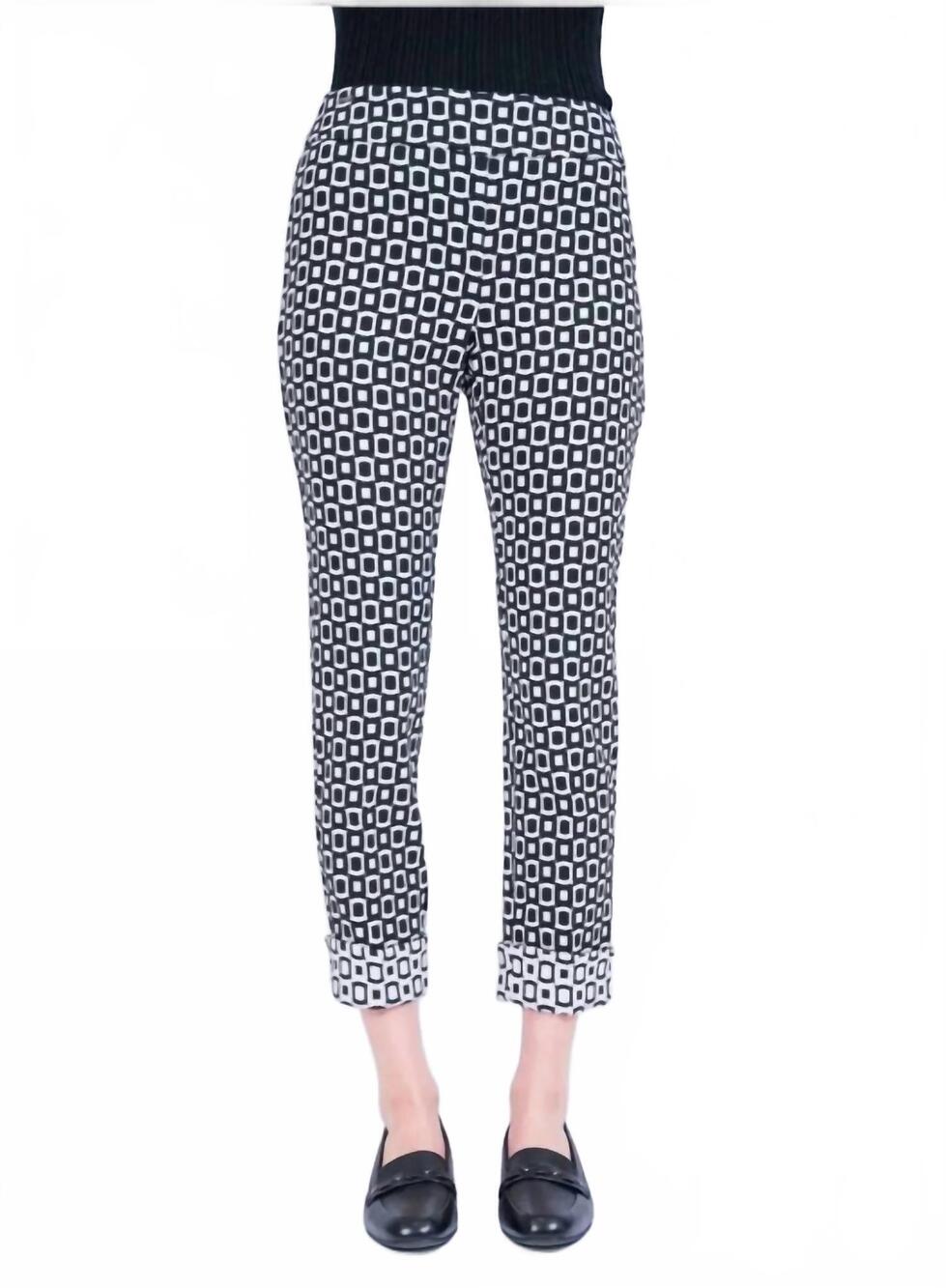 NEW LISETTE women's squares cuff ankle pull-on trouser in black & white